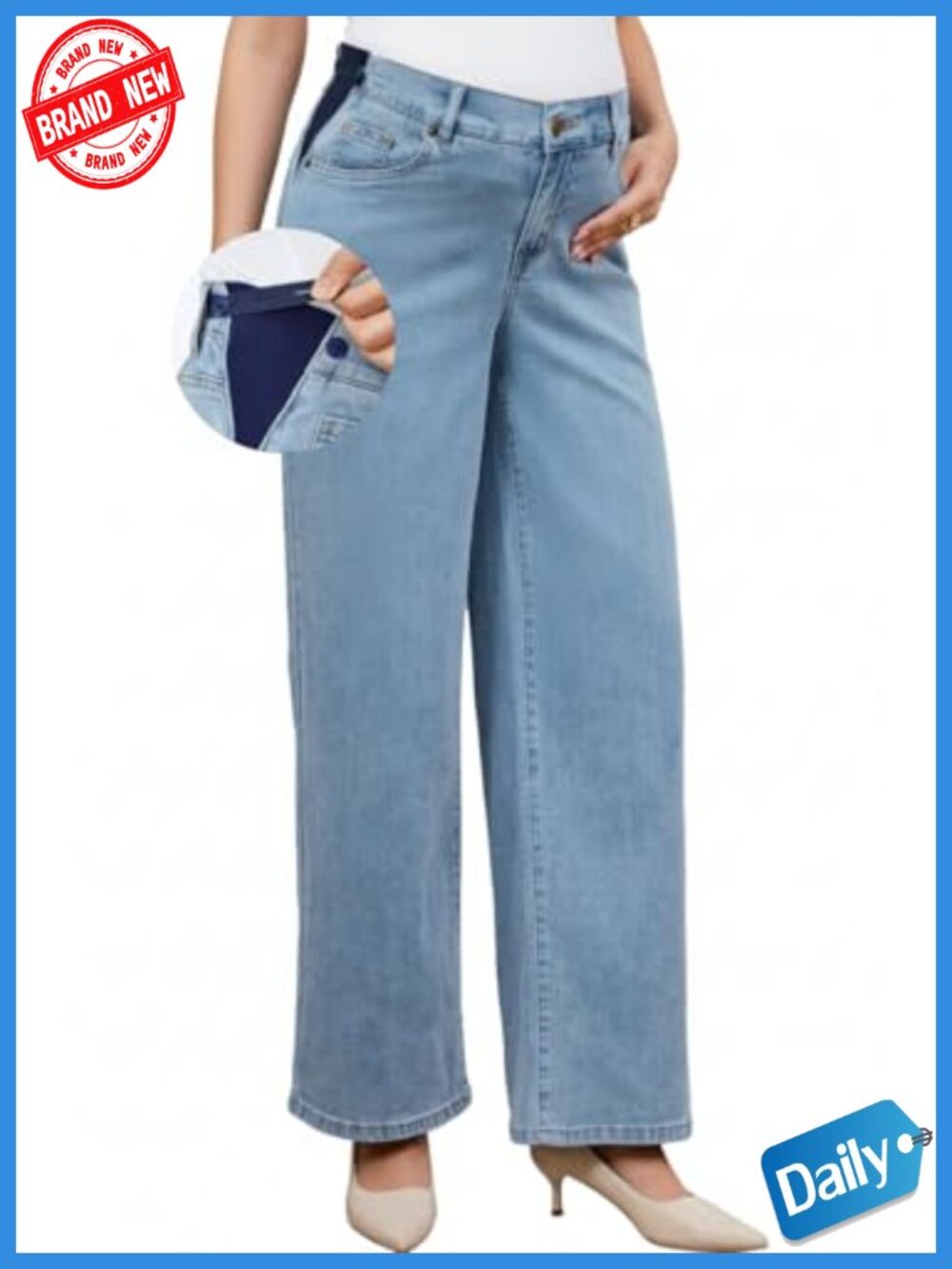 Maternity Jeans Adjustable Waistband Wide Leg Stretchy Denim